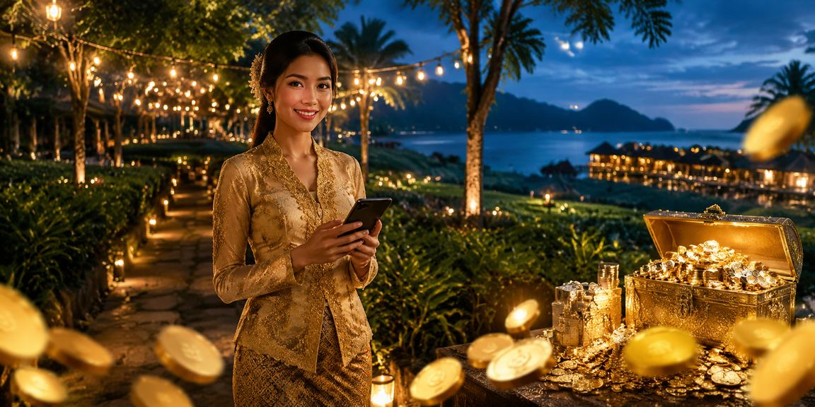 Woman holding smartphone showing ace4d betting app with traditional kebaya setting